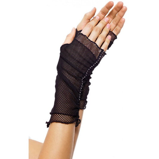 Fishnet Fingerless Gloves with Rhinestone Trim